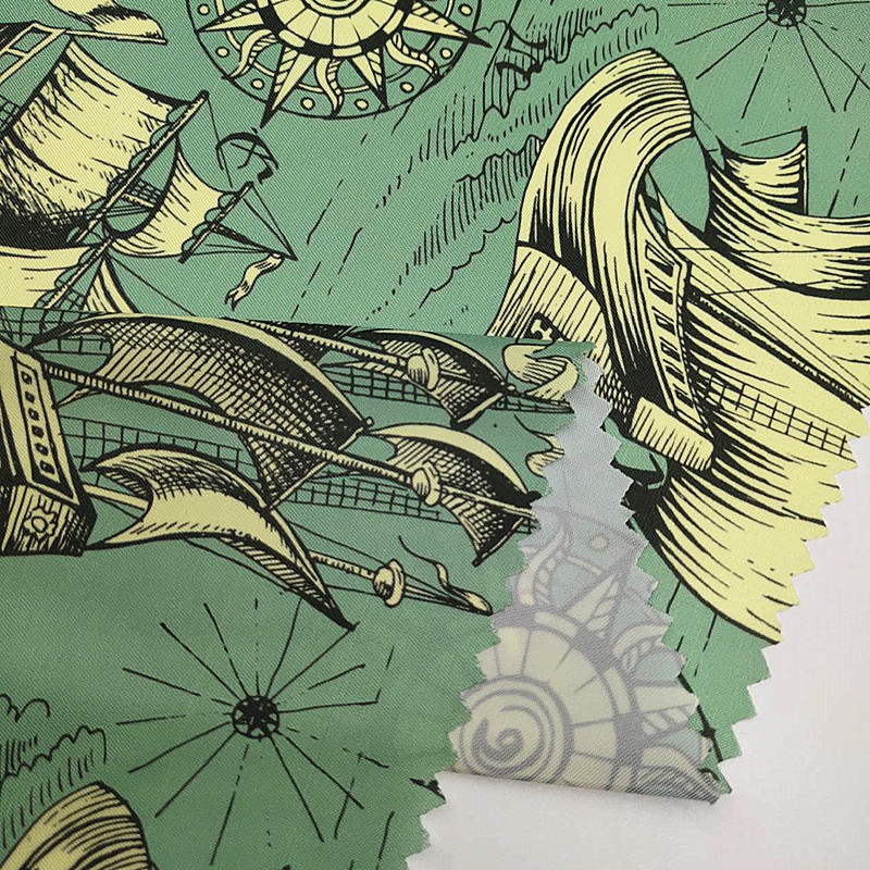 复古海盗轮船涤纶数码印花里布西