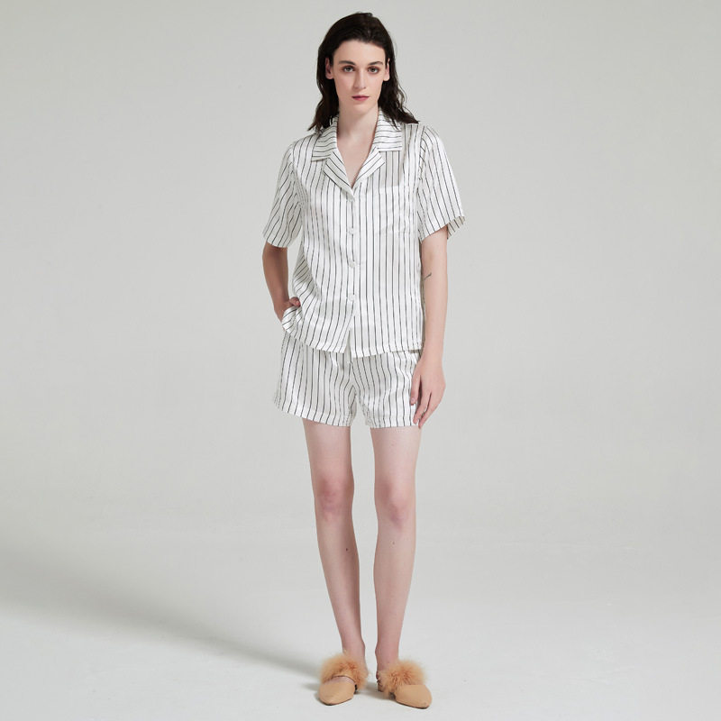 条纹真丝睡衣女夏季短袖套装桑蚕丝休闲家居服情侣高级感丝绸睡衣