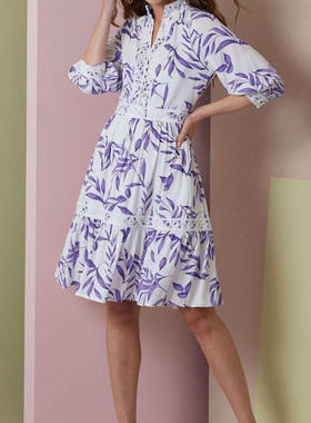 紫色树叶印花真丝连衣裙欧美优雅定制做party tailored dresses