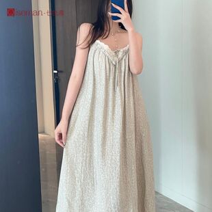 冰瓷棉吊带印花大码睡裙女夏居家慵懒高级感女士家居服带胸垫睡衣