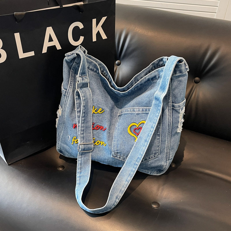 潮流简约重工刺绣水洗牛仔布包包女复古休闲大容量托特单肩斜挎包