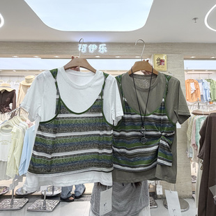 十三行夏季新丰富感韩版条纹拼接假两件短袖T恤女设计感洋气上衣
