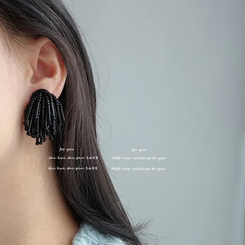 【贰.叁】银针黑色烟花流苏耳钉精致手作串珠小众设计耳环