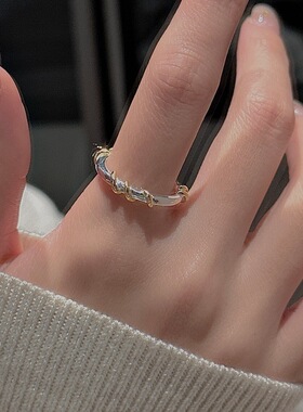 S925纯银韩版小众设计感复古藤条撞色简约指环韩国风时髦个性戒指