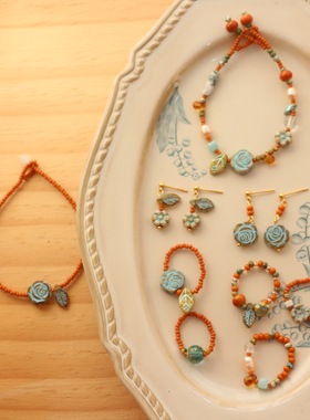 春夏捷克珠手链天然石混搭戒指弹力均码多巴胺色彩指环串珠饰品