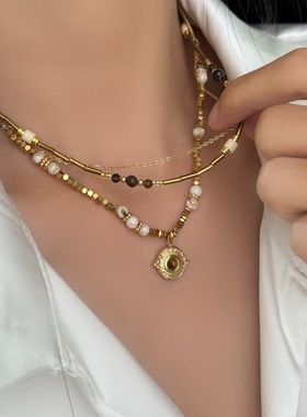 25年秋冬vintage中古金欧美风金属复古设计师款天然石叠戴项链ins