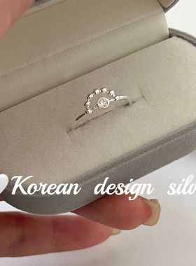 韩国轻奢小众设计银饰 S925纯银精致半圆镂空圆珠拼接锆石戒指ins
