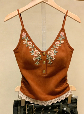 十三行一线大牌！带胸垫~百搭外穿洋气花朵刺绣吊带背心橙色上衣