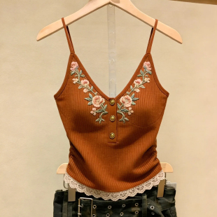 十三行一线大牌 百搭外穿洋气花朵刺绣吊带背心橙色上衣 带胸垫