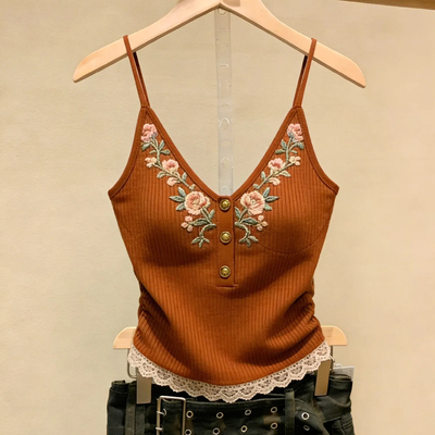 十三行一线大牌！带胸垫~百搭外穿洋气花朵刺绣吊带背心橙色上衣