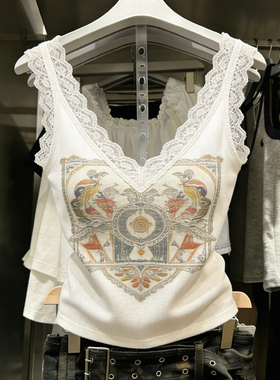 十三行一线大牌！带胸垫蕾丝拼接印花吊带背心女内搭打底V领上衣