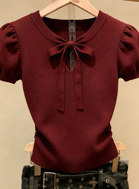 十三行一线大牌！酒红色正肩短袖t女蝴蝶结短款百搭修身针织上衣
