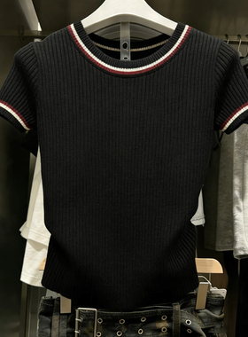 十三行一线大牌！撞色条纹圆领针织上衣女春夏时尚潮流短袖t恤潮