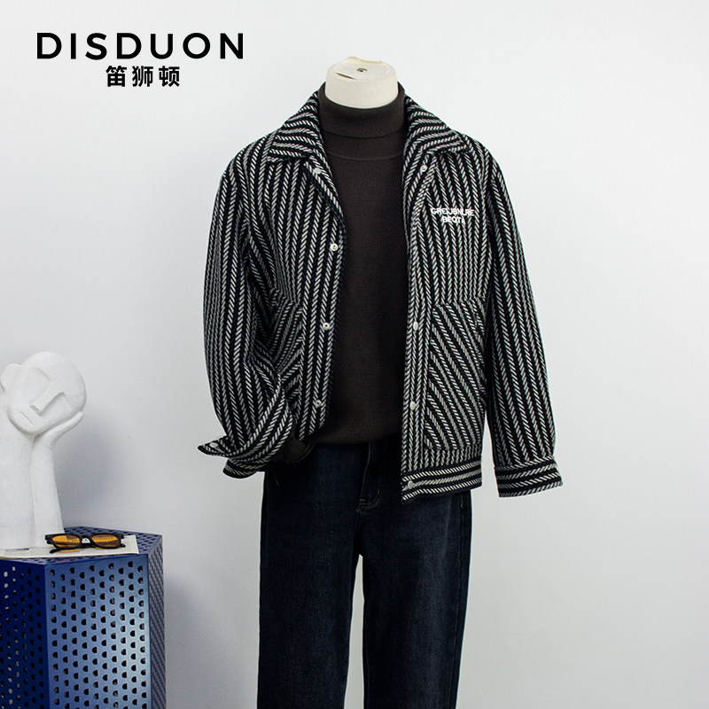 DISDUON黑白条纹毛呢复古夹克外套男款修身显瘦棉服冬DCD302527