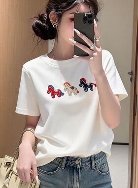 韩系时尚简约小马刺绣短袖T恤女2026春季新款圆领百搭减龄上衣潮