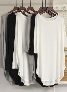 莫代尔短袖t恤女士春夏薄款不规则打底衫宽松中长款半袖防晒上衣