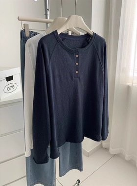 官图秋季加大码200斤长袖棉日常T恤女显瘦插肩袖圆领打底衫上衣