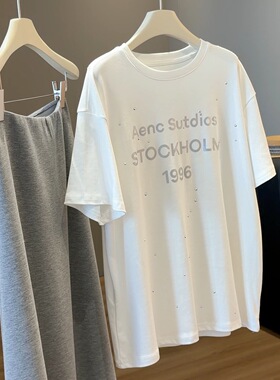 时髦字母烫钻短袖t恤女夏季2026设计感韩版宽松百搭显瘦圆领上衣