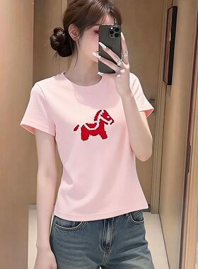 欧货卡通小马印花短袖T恤女士夏季新款百搭宽显瘦松减龄上衣