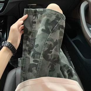 迷彩牛仔短裤男款夏季美式复古潮牌vibe工装裤户外运动休闲五分裤