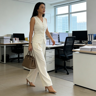 高腰垂感阔腿裤 2026新款 马甲套装 轻熟奶白无袖 通勤两件套女 法式