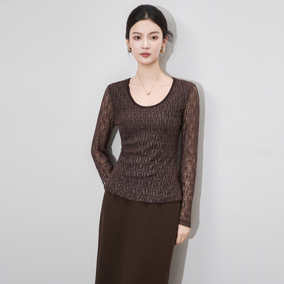 深圳南油小蛮腰心机打底衫浮雕蕾丝高品质内搭上衣T恤秋冬新款女