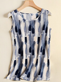 印花蚕桑丝吊带背心女宽松中长款大码外穿百搭休闲打底无袖上衣夏