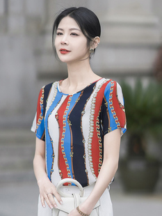 印花蚕桑丝短袖T恤衫女宽松中长款大码外穿百搭休闲真丝上衣夏