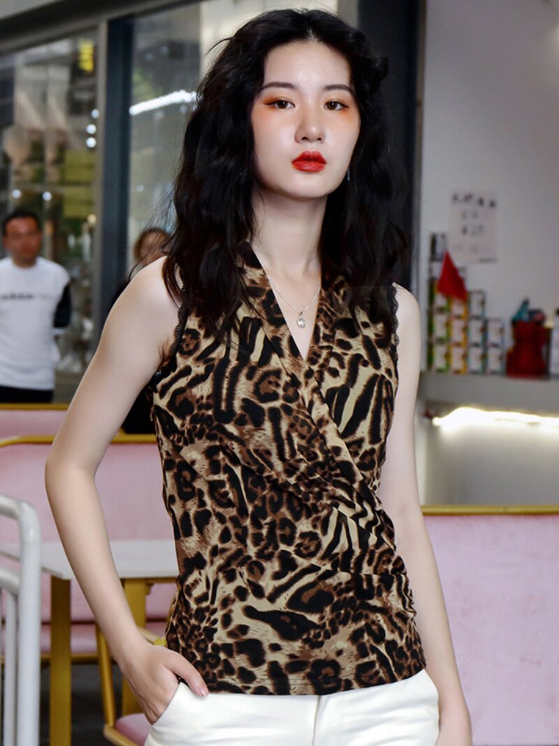 韩版豹纹花色外穿吊带背心衫女秋背心吊带