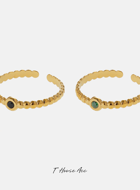 欧美宫廷风一抹绿钻迷你金豆豆开口戒指优雅系黑钻食指环套戒叠戴