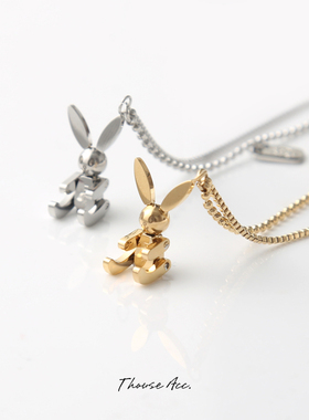 个性设计师机械兔子方牌Luck幸运锁骨链可爱小兔少女心双吊坠项链