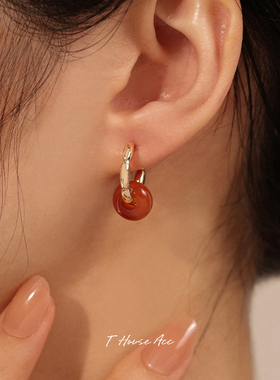 复古时髦撞色耳圈天然虎眼石耳环2WAY耳钉高级感简约小众耳坠耳饰