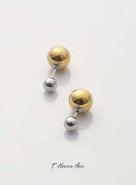 个性创意金银撞色大小金珠耳钉前后两戴气质男女耳环钛钢圆珠耳饰