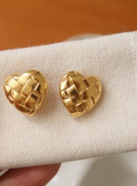 不掉色镀18K金耳钉编织爱心耳饰甜美精致气质法式复古心形耳环女