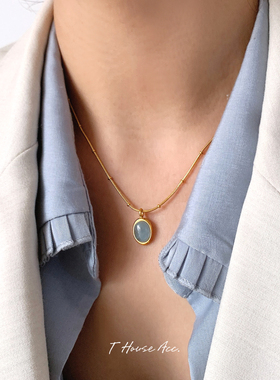 星辰大海小众轻奢蓝色椭圆天然海蓝宝项链钛钢气质间珠链锁骨链女