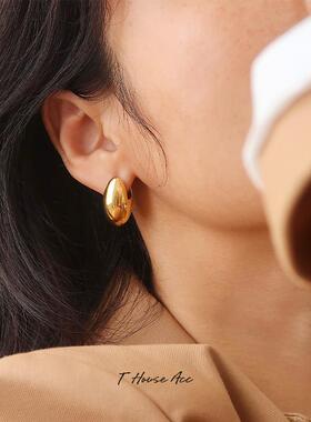 不掉色欧美椭圆镀18K金蛋形耳环简约亮面耳钉耳扣女高级感冷淡风