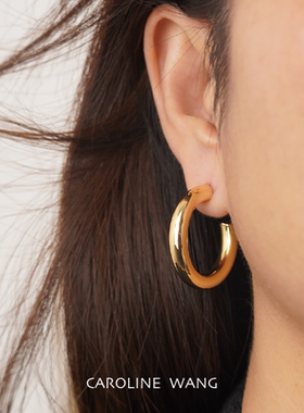 【925银针·C形粗素圈耳环·3cm4cm】高级感金色hoop耳圈方圆脸