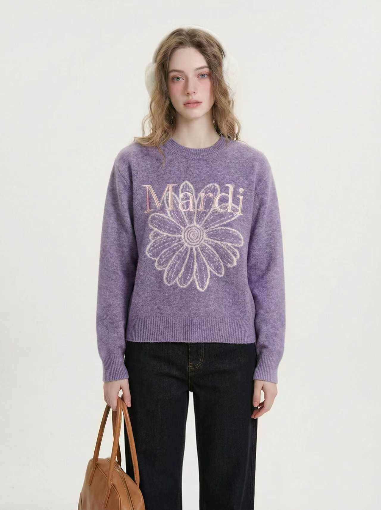 Mardi雏菊刺绣字母糯米绒圆领毛衣针织衫25秋冬新款毛衣外套CF569