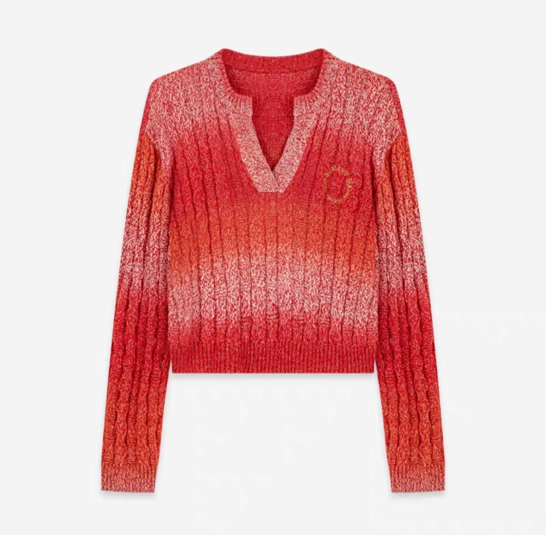 Mardi韩系设计感渐变长袖毛衣2025秋装新款宽松慵懒V领针织衫上衣