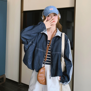 深蓝色设计感运动风牛仔外套女2025春季新款蕾丝拼接条纹休闲夹克