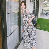 水墨画碎花露肩连衣裙女夏赫本风气质冷淡系清冷感海边度假风长裙，女装连衣裙，浙宝288（原255）