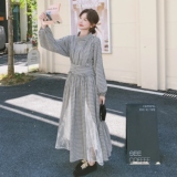 法式格子拼接网纱蕾丝连衣裙女2025秋季新款气质复古淡人立领长裙，女装连衣裙，浙宝288（原255）