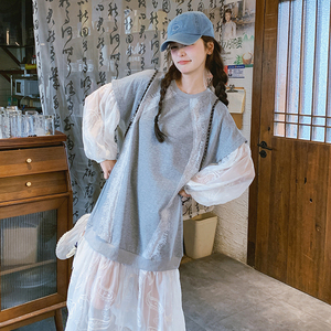 法式蕾丝拼接卫衣连衣裙女2025年春季新款减龄慵懒风假两件长裙潮图片