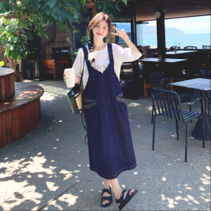 休闲T恤蕾丝拼接牛仔背带连衣裙套装女夏2025新款两件套流行超火