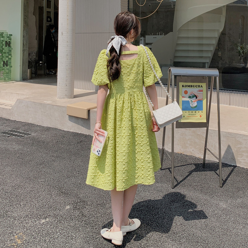 绿色泡泡袖蓬蓬连衣裙女夏2023年新款压皱法式复古少女感小众裙子,女装连衣裙,浙宝288（原255）
