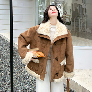 棕色韩系麂皮绒皮毛一体羊羔毛外套女秋冬2025新款时髦超漂亮棉服图片