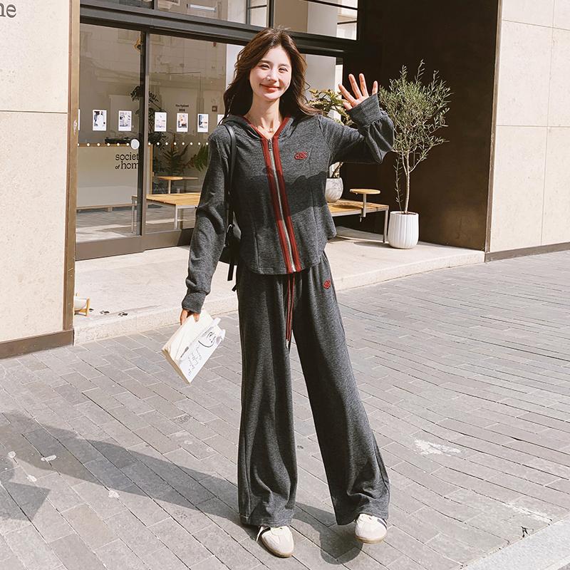 灰色休闲运动套装女秋2025新款韩版连帽开衫卫衣阔腿拖地裤两件套,女装运动套装,浙宝288（原255）