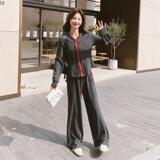 灰色休闲运动套装女秋2025新款韩版连帽开衫卫衣阔腿拖地裤两件套，女装运动套装，浙宝288（原255）