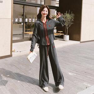 灰色休闲运动套装女秋2025新款韩版连帽开衫卫衣阔腿拖地裤两件套图片
