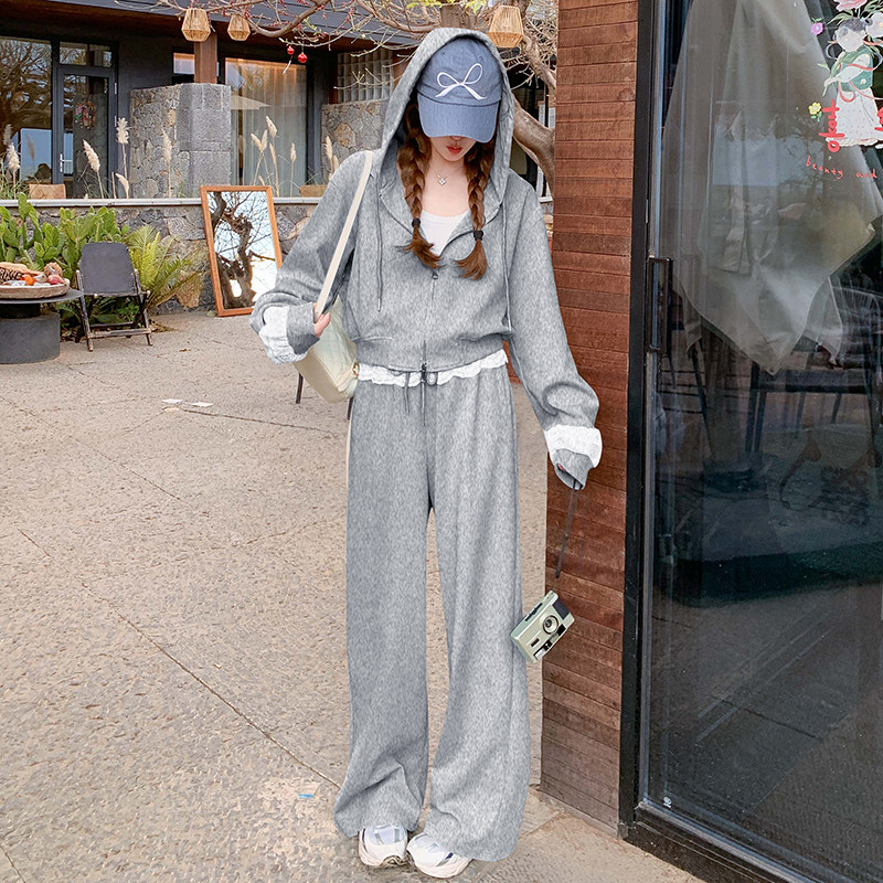 蓝色蕾丝拼接连帽减龄卫衣女2025年春季新款休闲阔腿裤,女装运动套装,浙宝288（原255）